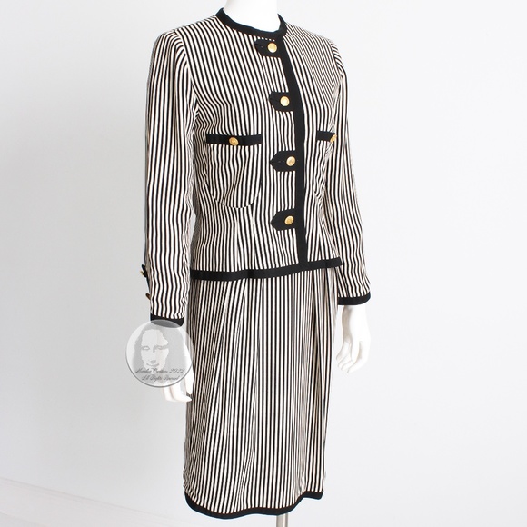 Albert Nipon Suit 2pc Jacket & Skirt Black White Striped Pinstripe Sz 10 Vintage - Picture 2 of 11